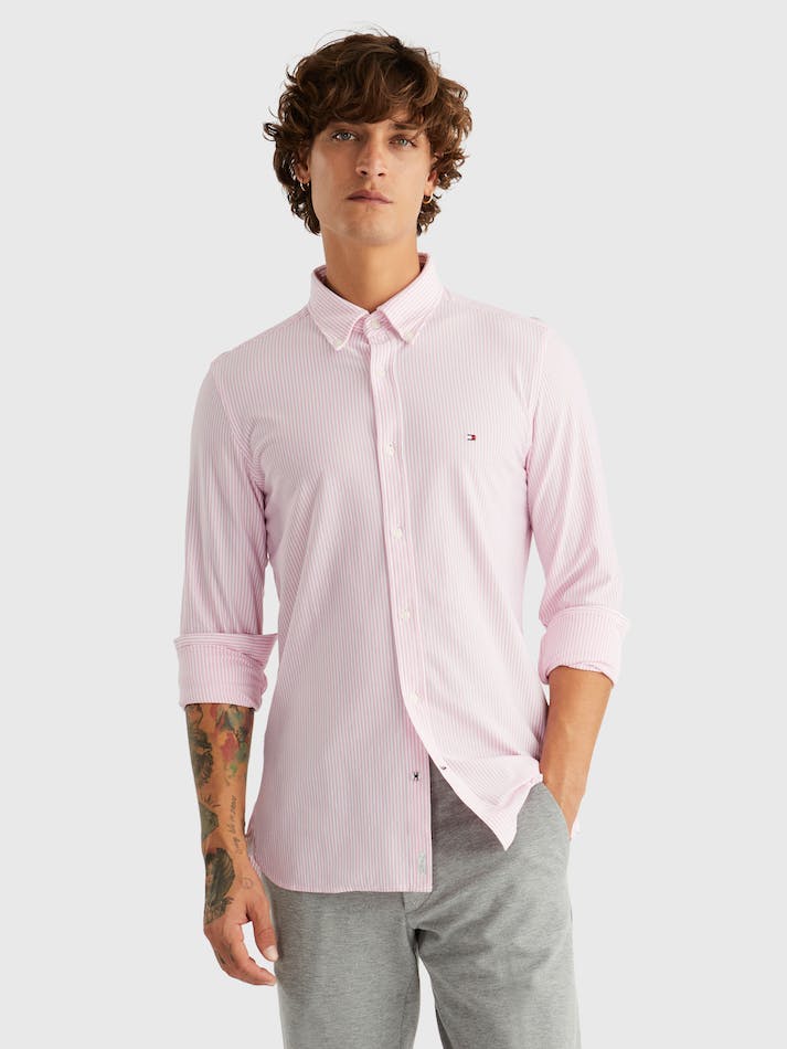 Tommy Hilfiger 1985 Collection Stripe Slim Fit Men\'s Shirts Pink / White | qR5x3Vrp0ULH