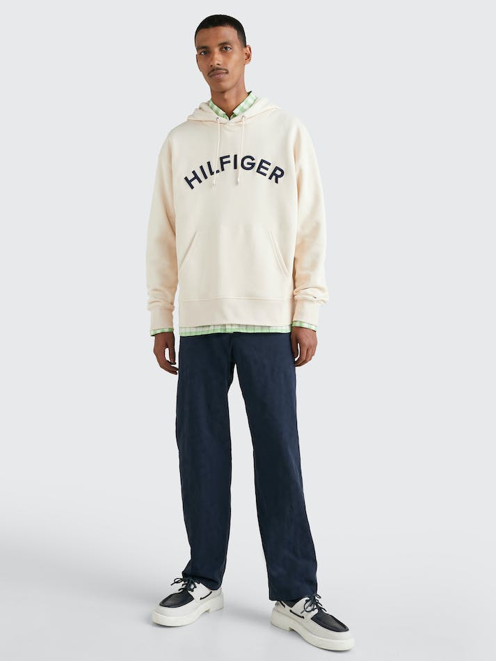 Tommy Hilfiger Arched Logo Archive Fit Men's Hoodie Beige | dTOTmT56xmUU