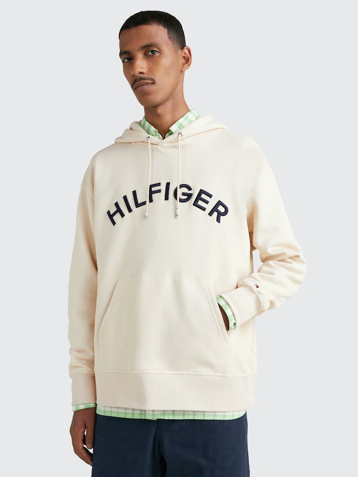 Tommy Hilfiger Arched Logo Archive Fit Men\'s Hoodie Beige | dTOTmT56xmUU