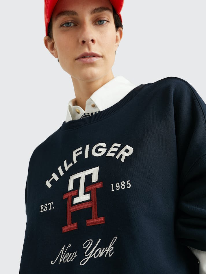 Tommy Hilfiger Arched Logo Monogram Women's Sweatshirt Blue | uqLbigwz5mNS