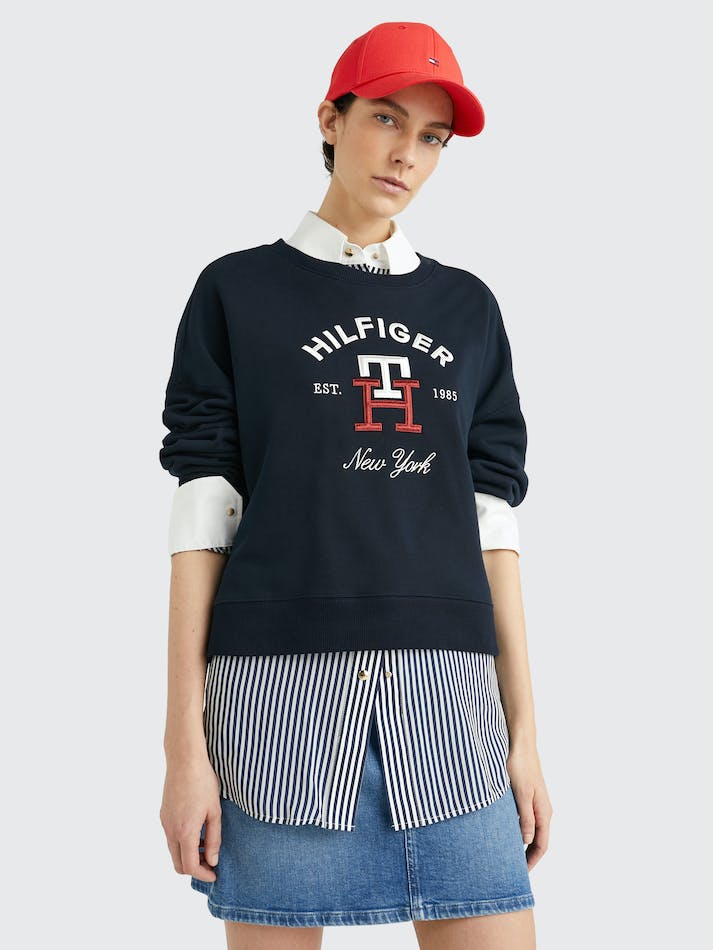 Tommy Hilfiger Arched Logo Monogram Women\'s Sweatshirt Blue | uqLbigwz5mNS