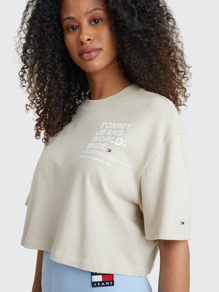 Tommy Jeans Back Logo Crop Women's T Shirts Beige | bm2wAJkXyaz0