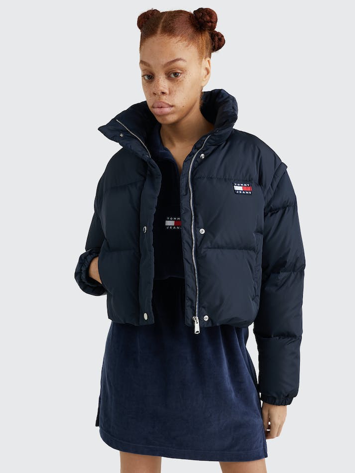 Tommy Jeans Badge Cropped Padded Puffer Women's Jackets Navy | XHpoqOGUXFWz