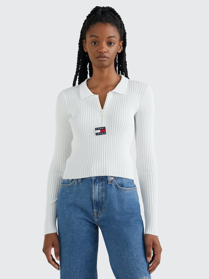 Tommy Jeans Badge Half-Zip Ribbed Women's Jumpers White | 5TH5AYeXs8J4