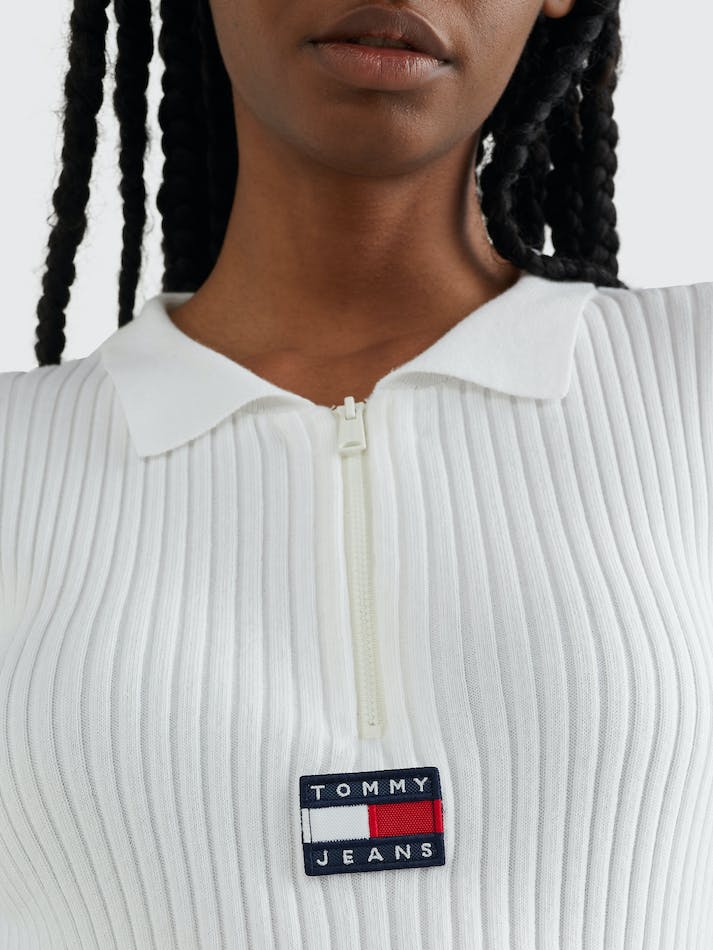 Tommy Jeans Badge Half-Zip Ribbed Women's Jumpers White | 5TH5AYeXs8J4