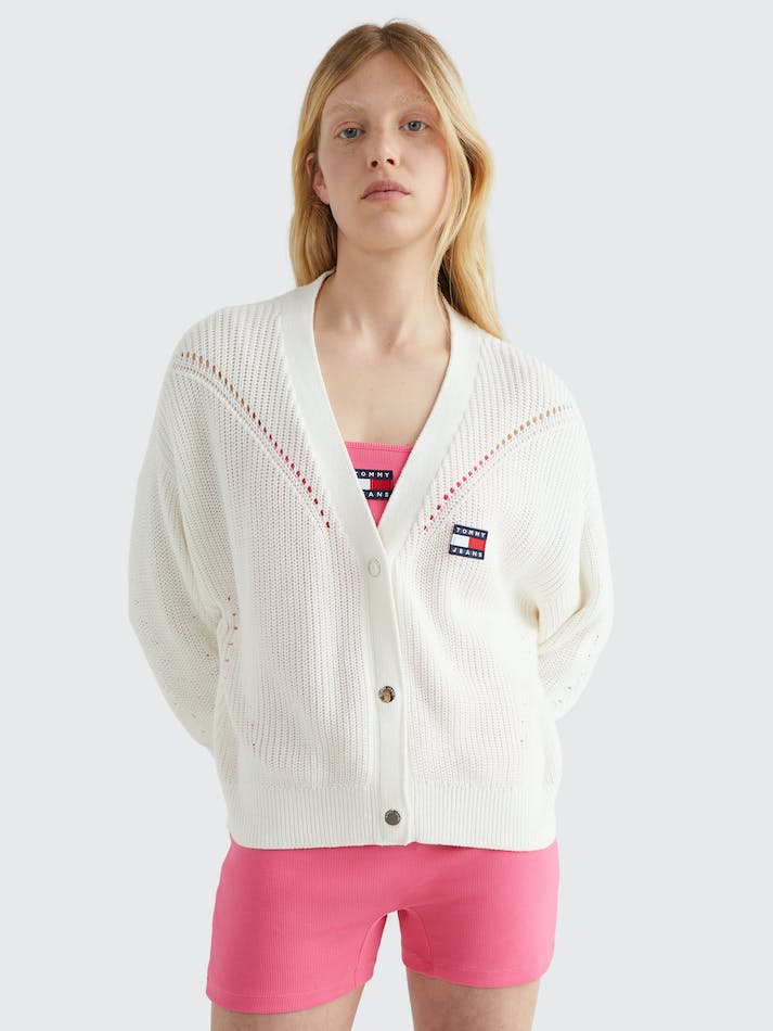 Tommy Jeans Badge Knitted Women's Cardigan White | QwikB73ufIhE