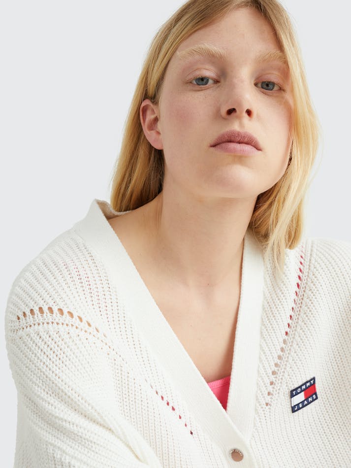 Tommy Jeans Badge Knitted Women's Cardigan White | QwikB73ufIhE