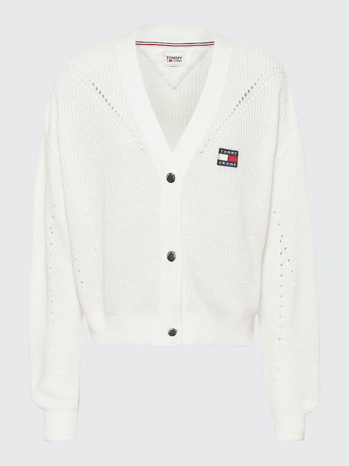 Tommy Jeans Badge Knitted Women's Cardigan White | QwikB73ufIhE