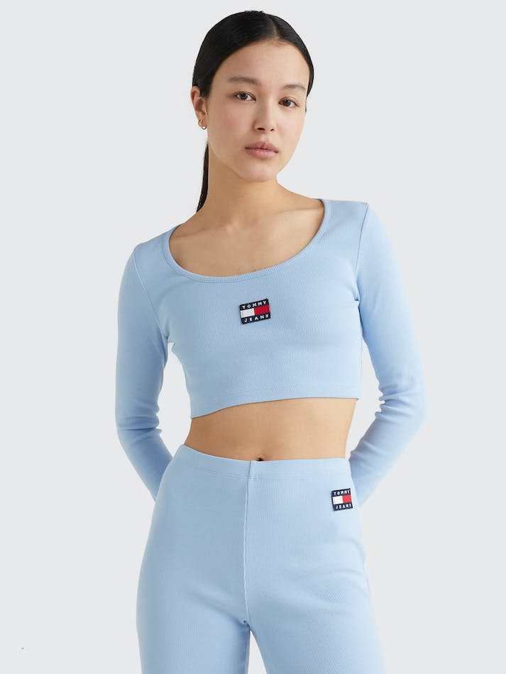 Tommy Jeans Badge Long Sleeve Crop Women's Tops Blue | PCD0WPopxjJd