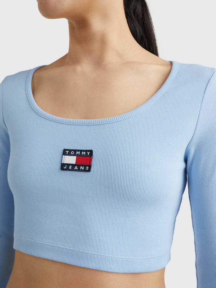 Tommy Jeans Badge Long Sleeve Crop Women's Tops Blue | PCD0WPopxjJd