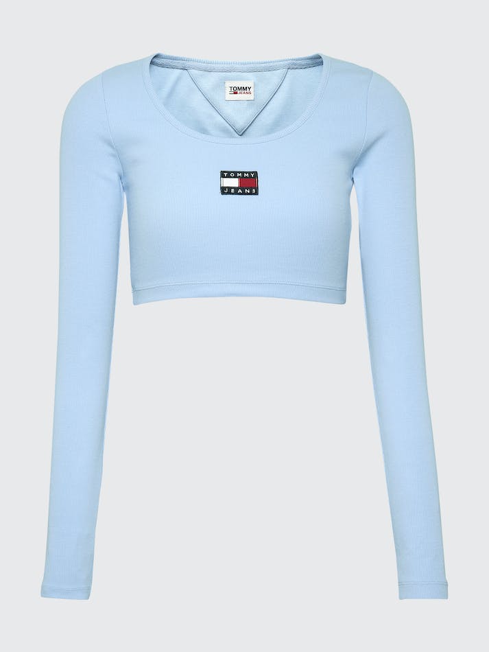 Tommy Jeans Badge Long Sleeve Crop Women's Tops Blue | PCD0WPopxjJd