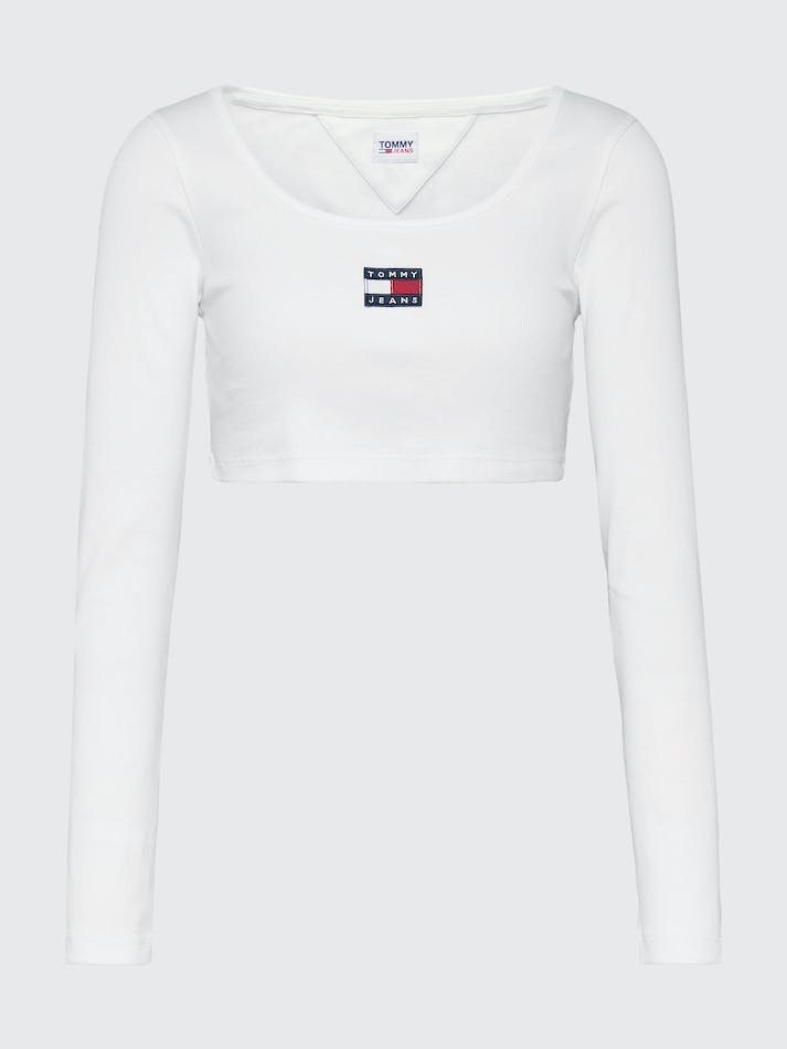 Tommy Jeans Badge Long Sleeve Crop Women's Tops White | qzFRLq27B41q