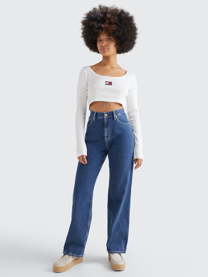 Tommy Jeans Badge Long Sleeve Crop Women\'s Tops White | qzFRLq27B41q