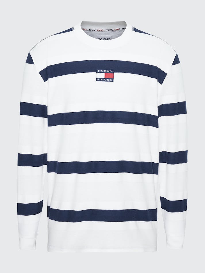 Tommy Jeans Badge Long Sleeve Relaxed Stripe Men's T Shirts Navy | Z0tDxLleNdXE