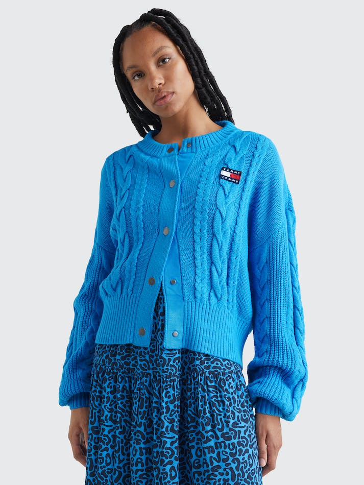 Tommy Jeans Badge Oversized Cable Knit Women's Cardigan Deep Blue | jX22kYsJEL7H