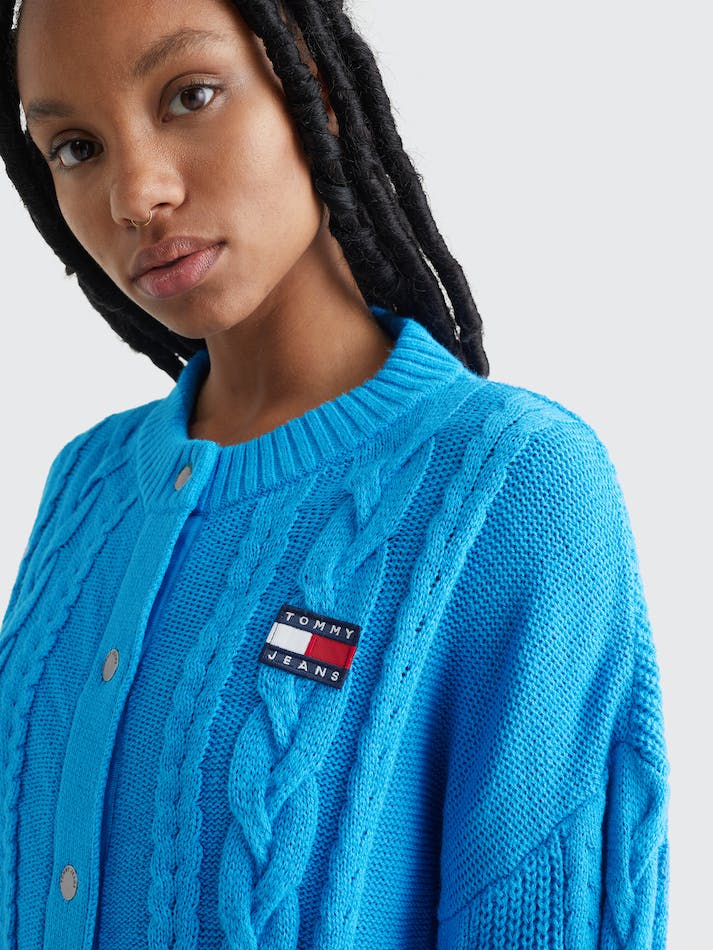 Tommy Jeans Badge Oversized Cable Knit Women's Cardigan Deep Blue | jX22kYsJEL7H