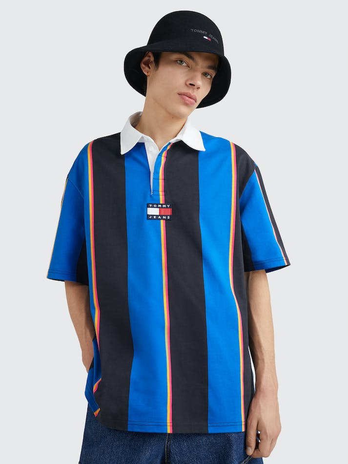 Tommy Jeans Badge Relaxed Fit Rugby Men's Polo Shirts Blue Stripes | PiKp6Xi900g1