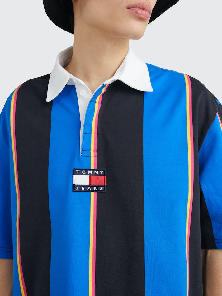 Tommy Jeans Badge Relaxed Fit Rugby Men's Polo Shirts Blue Stripes | PiKp6Xi900g1