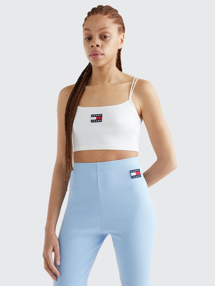 Tommy Jeans Badge Rib Knit Crop Women's Tops White | ceAgSDpiZ0ZI