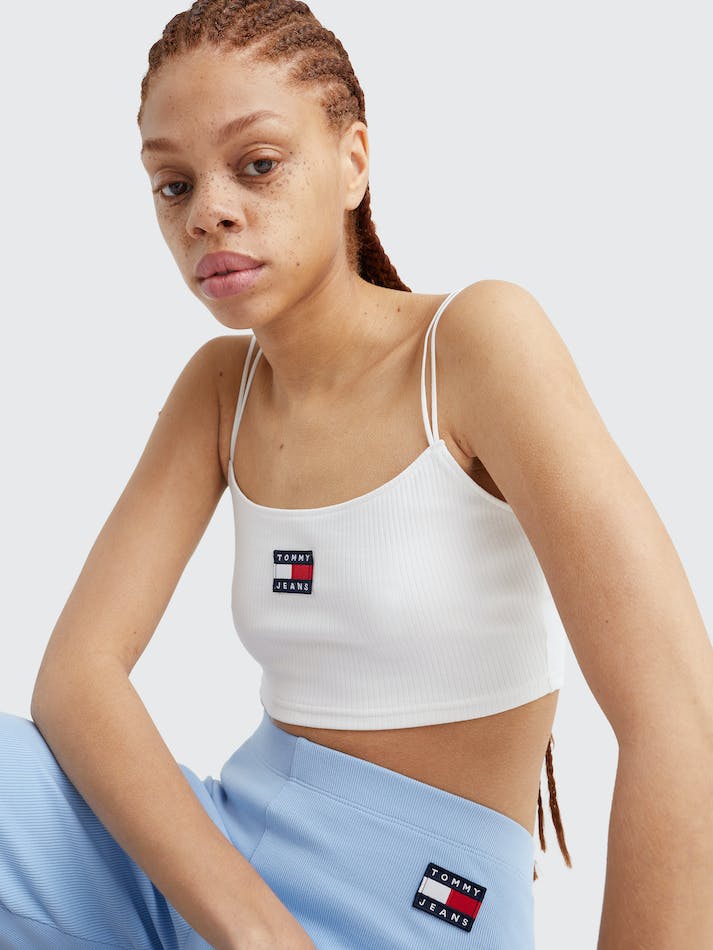 Tommy Jeans Badge Rib Knit Crop Women's Tops White | ceAgSDpiZ0ZI