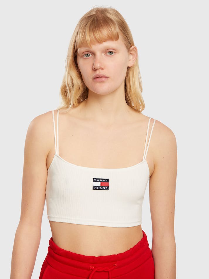 Tommy Jeans Badge Rib Knit Crop Women's Tops White | ceAgSDpiZ0ZI