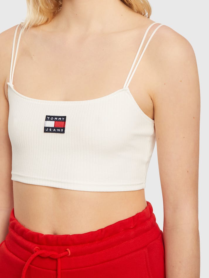 Tommy Jeans Badge Rib Knit Crop Women's Tops White | ceAgSDpiZ0ZI