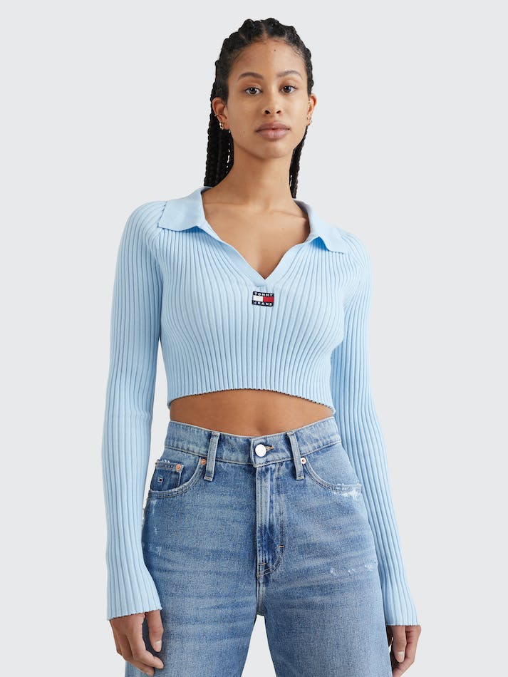 Tommy Jeans Badge Rib-Knit Cropped Women's Jumpers Blue | IHXwhWszwGuD