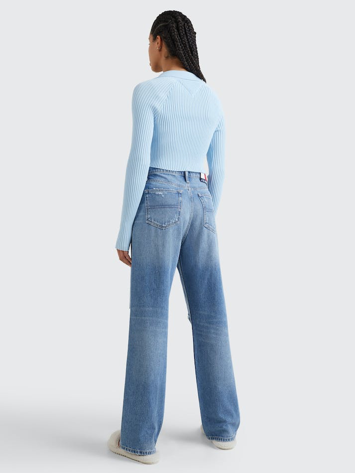 Tommy Jeans Badge Rib-Knit Cropped Women's Jumpers Blue | IHXwhWszwGuD