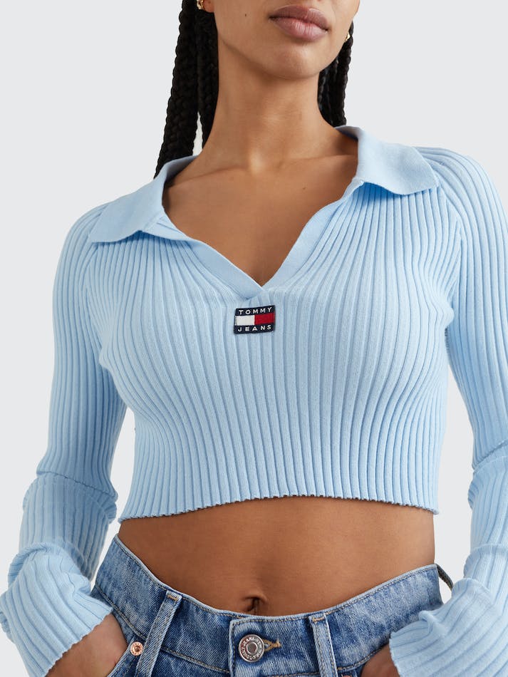 Tommy Jeans Badge Rib-Knit Cropped Women's Jumpers Blue | IHXwhWszwGuD