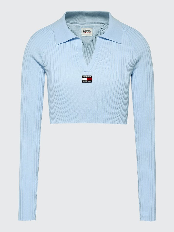 Tommy Jeans Badge Rib-Knit Cropped Women's Jumpers Blue | IHXwhWszwGuD