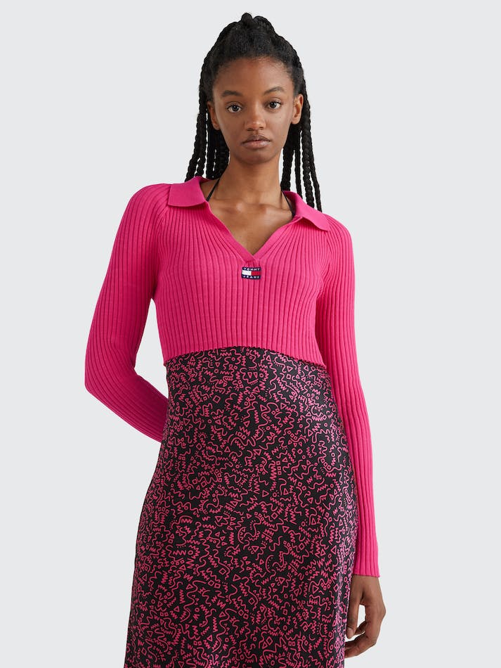 Tommy Jeans Badge Rib-Knit Cropped Women's Jumpers Pink | KoqOiKd1XvaE