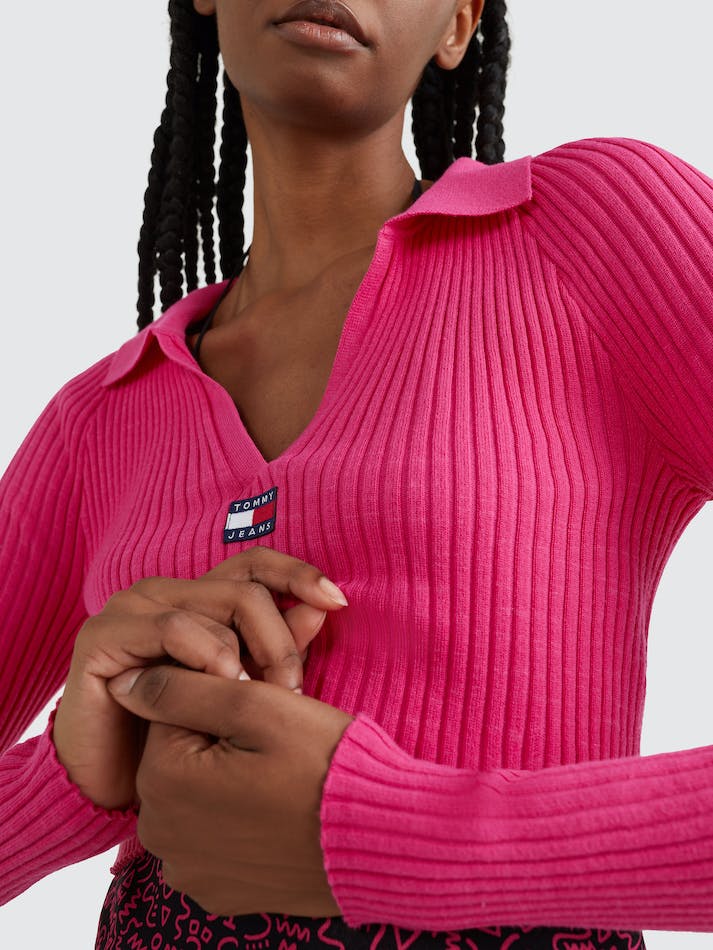 Tommy Jeans Badge Rib-Knit Cropped Women's Jumpers Pink | KoqOiKd1XvaE