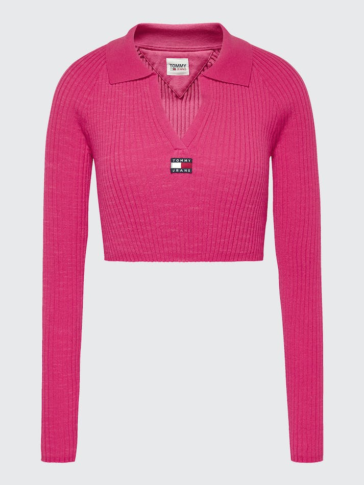 Tommy Jeans Badge Rib-Knit Cropped Women's Jumpers Pink | KoqOiKd1XvaE