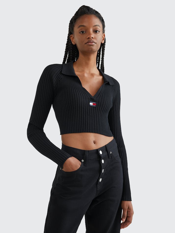 Tommy Jeans Badge Rib-Knit Cropped Women's Jumpers Black | ggHaeWZBi68D