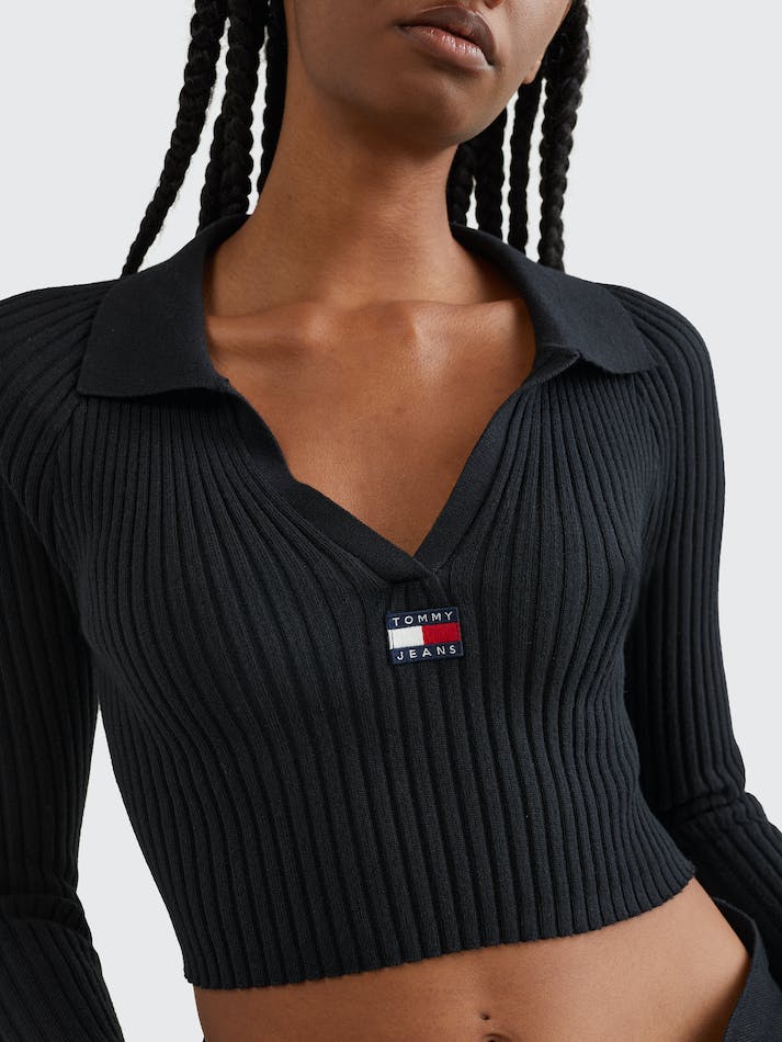 Tommy Jeans Badge Rib-Knit Cropped Women's Jumpers Black | ggHaeWZBi68D