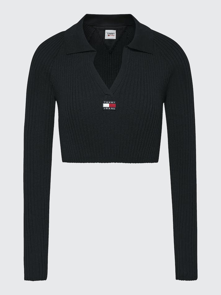 Tommy Jeans Badge Rib-Knit Cropped Women's Jumpers Black | ggHaeWZBi68D