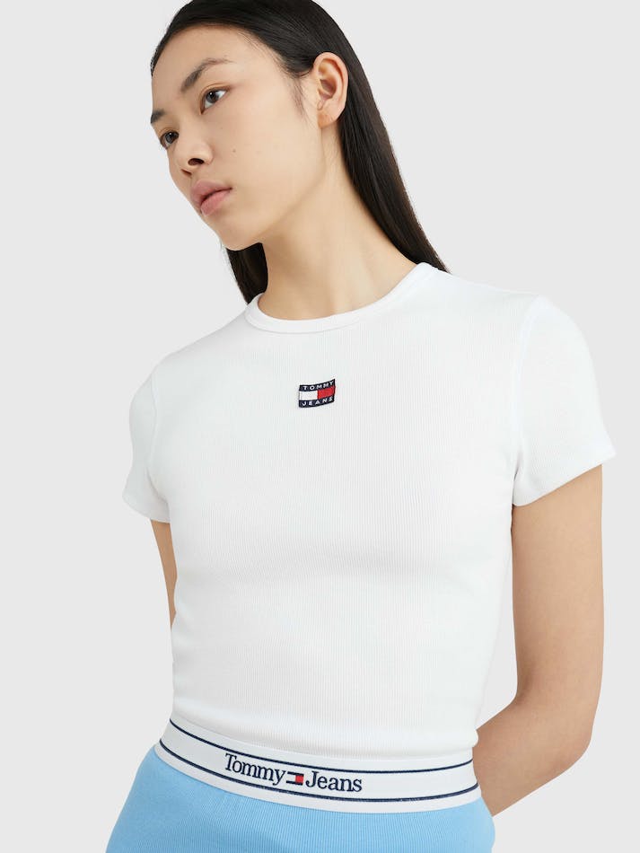 Tommy Jeans Badge Rib-Knit Fitted Women's Tops White | HY9VLFqxhTPE