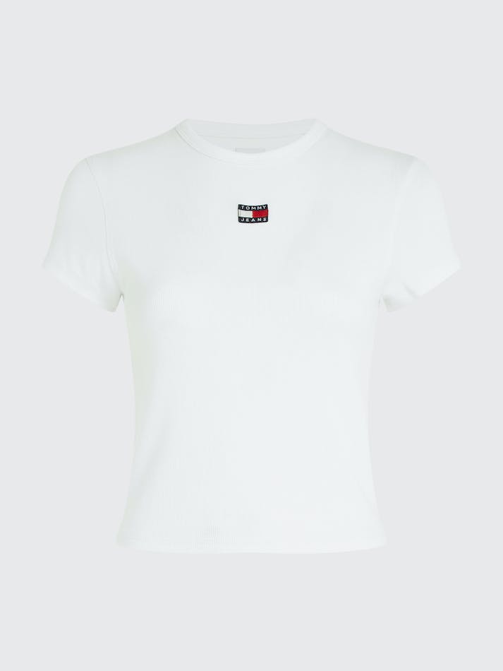 Tommy Jeans Badge Rib-Knit Fitted Women's Tops White | HY9VLFqxhTPE