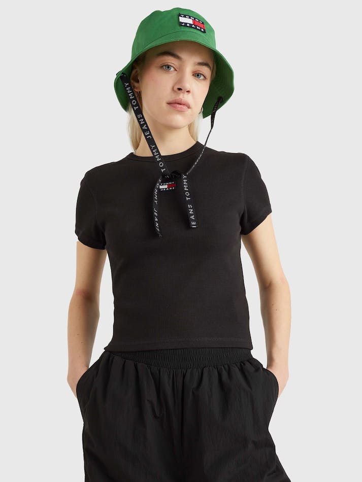 Tommy Jeans Badge Rib-Knit Fitted Women's Tops Black | YVkNr9lM7lmf