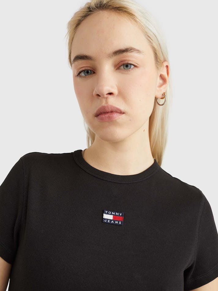 Tommy Jeans Badge Rib-Knit Fitted Women's Tops Black | YVkNr9lM7lmf