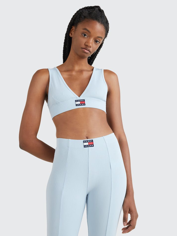 Tommy Jeans Badge Ribbed Crop Women's Tops Blue | ducXC4nuCGSR