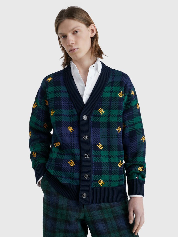 Tommy Hilfiger Black Watch Tartan Monogram Oversized Men's Cardigan Black | MEvKHX5f0PSN