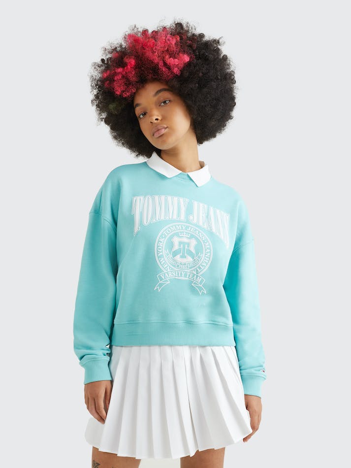 Tommy Jeans Boxy Fit Varsity Polo Women's Sweatshirt Ocean Tide | XiHTIO0p6dfY