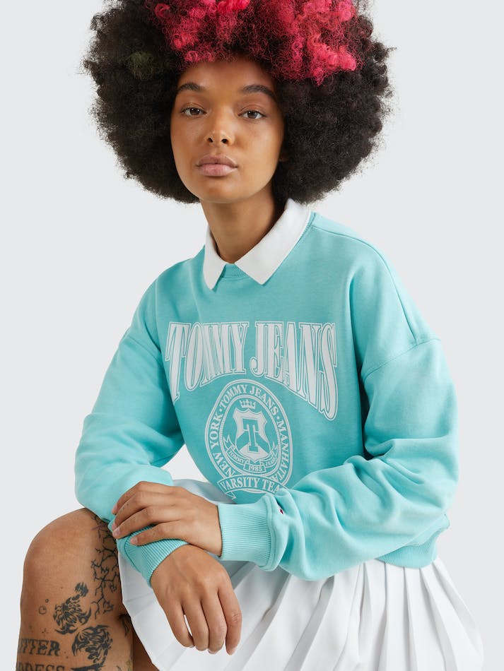 Tommy Jeans Boxy Fit Varsity Polo Women's Sweatshirt Ocean Tide | XiHTIO0p6dfY