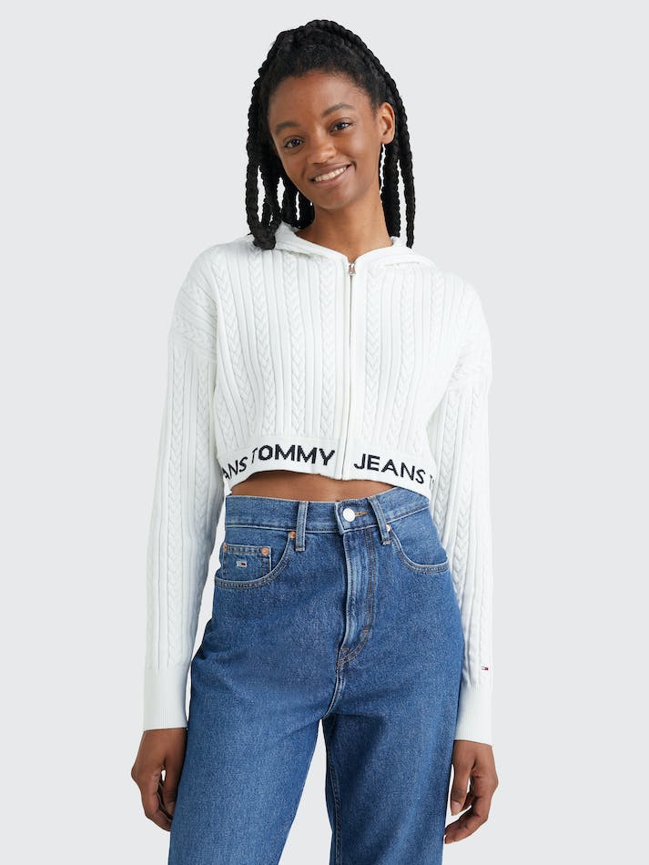 Tommy Jeans Cable Knit Cropped Women's Hoodie White | 3Srz9IItv1GH