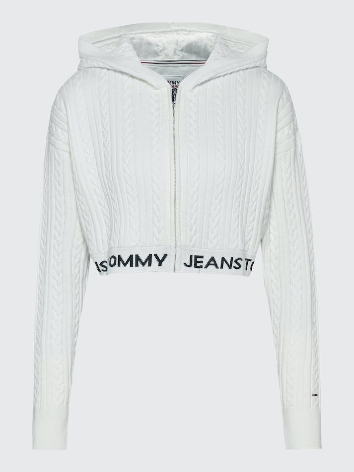 Tommy Jeans Cable Knit Cropped Women's Hoodie White | 3Srz9IItv1GH