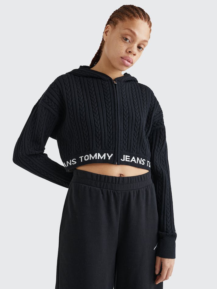 Tommy Jeans Cable Knit Cropped Women's Hoodie Black | ZGegCBbcmKm4