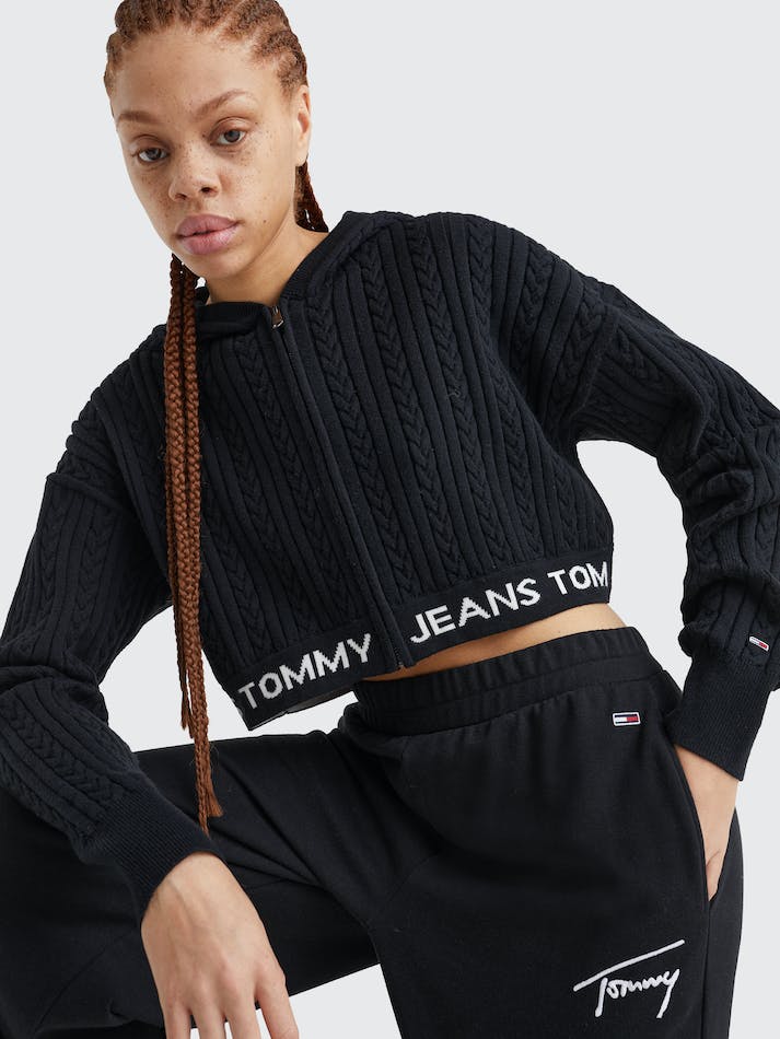 Tommy Jeans Cable Knit Cropped Women's Hoodie Black | ZGegCBbcmKm4