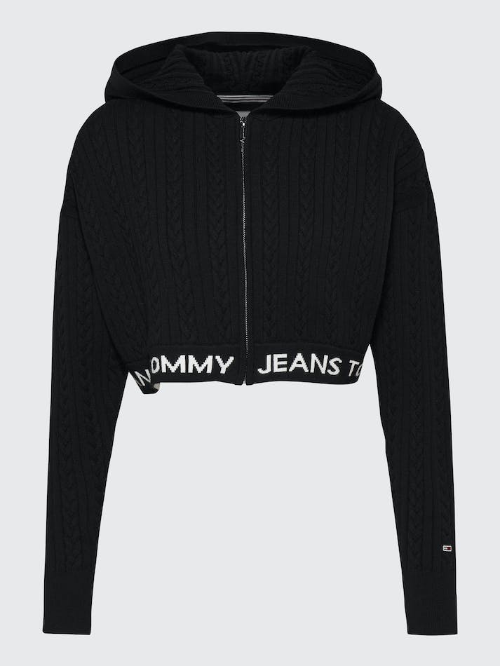 Tommy Jeans Cable Knit Cropped Women's Hoodie Black | ZGegCBbcmKm4