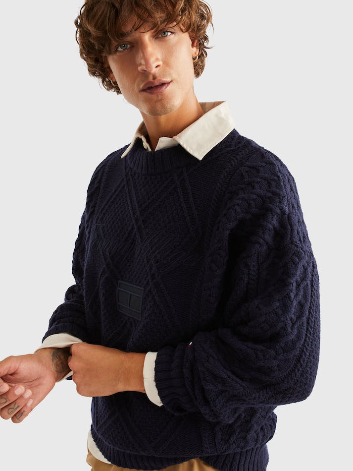 Tommy Hilfiger Cable Knit Oversized Men's Jumpers Blue | BD1ZiDxRxRYY